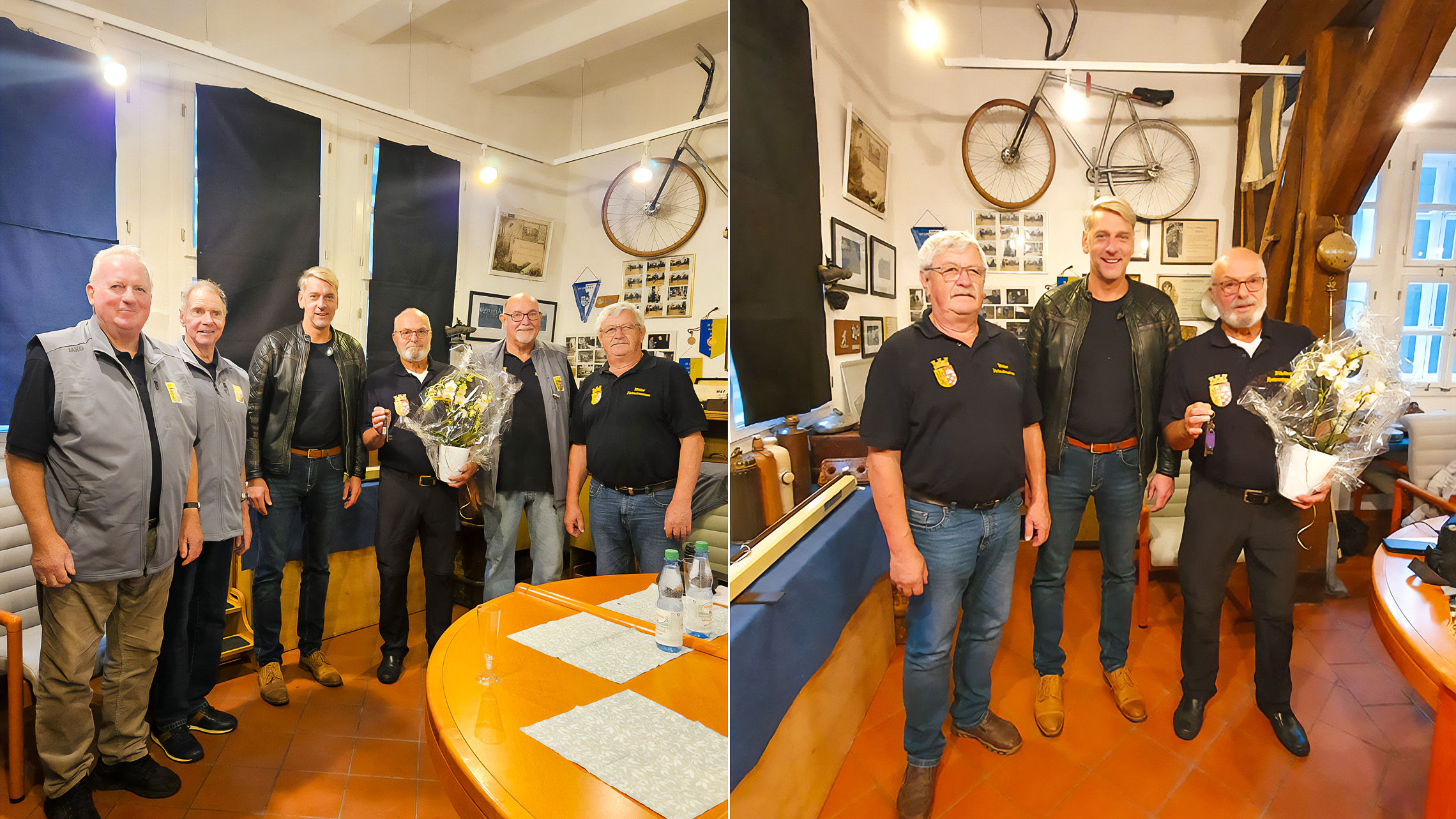 Eine Kombination aus zwei Fotos aus dem Heimatmuseum Ilfeld. Zu sehen sind sechs Männer, die zusammen das Jubiläum begehen.