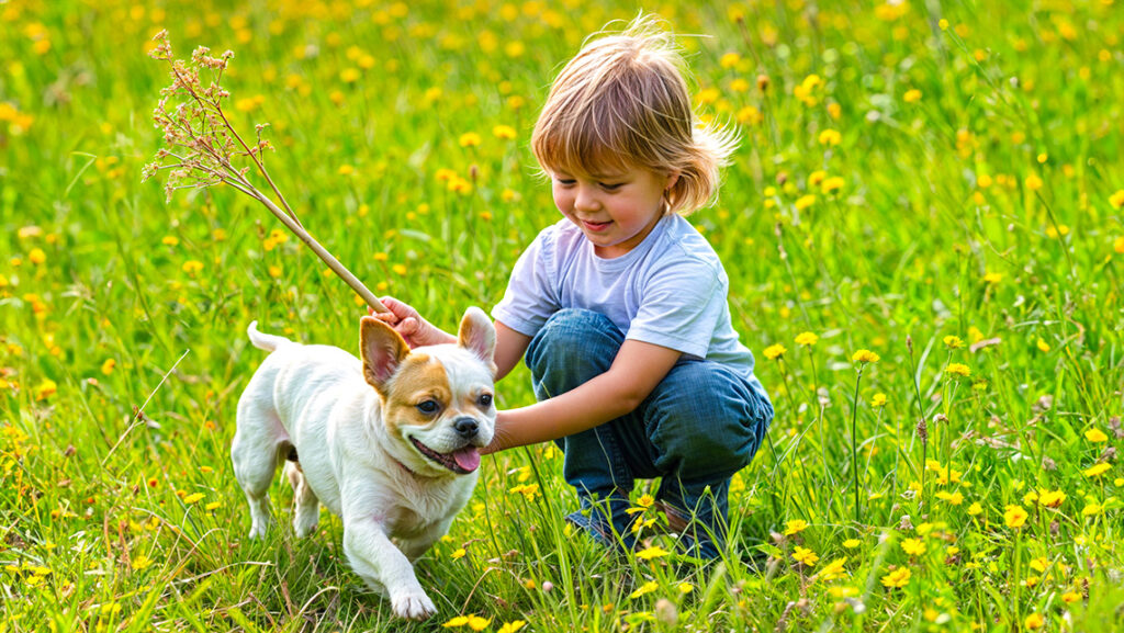Ein Kind spielt auf einer Wiese mit einem kleinen Hund.