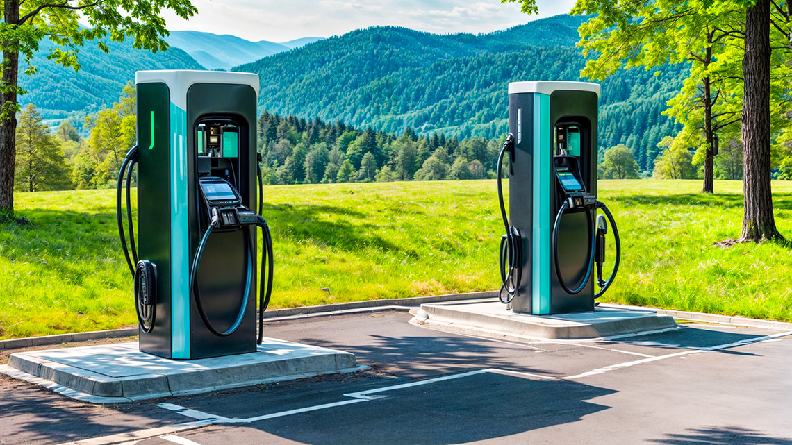 Zwei Ladestationen für elektrische Fahrzeuge auf einem Parkplatz, im Hintergrund sind begrünte Berge zu sehen. KI-Bild