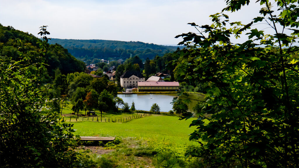 Blick von einem Berg hinunter über eine grüne Wiese bis zu einem Teich. Dahinter liegt ein Ort im Tal.