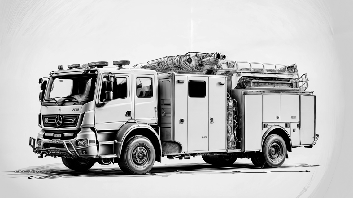 Bleistiftzeichnung, die ein deutsches Feuerwehrfahrzeug darstellen soll.