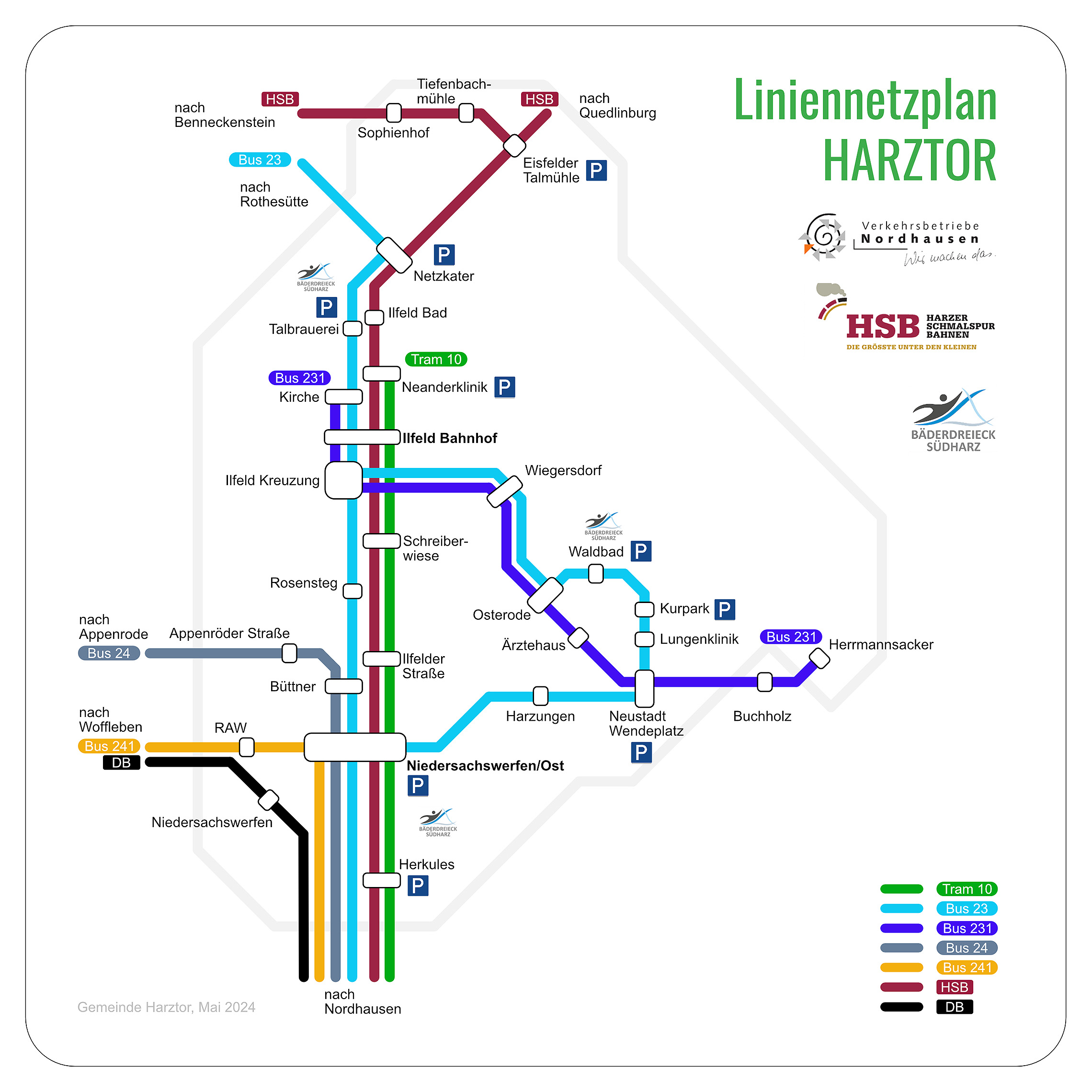 Liniennetzplan für Bus, Straßenbahn, HSB, DB für die Gemeinde Harztor mit verschiedenen Farben für die Linien und Stationsbezeichnungen
