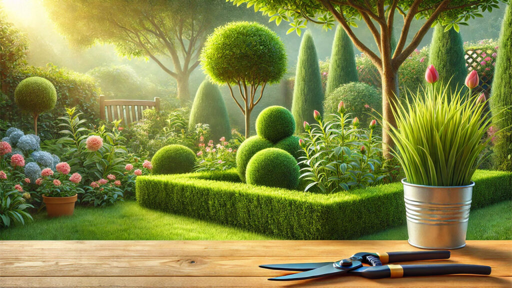 KI-Bild eines stilisierten Gartens mit Bäumen, Büschen und Töpfen, im vorderen Bildbereich liegt eine Gartenschere.