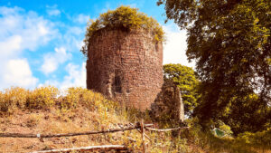 Ein alter, verfallener Turm steht im Freien. Er ist teilweise von Grünflächen und Bäumen umgeben, die in warmen Herbstfarben leuchten. Ein Holzzaun führt zum Turm, und der Hintergrund zeigt einen klaren blauen Himmel mit einigen Wolken. Die Szene strahlt eine ruhige, historische Atmosphäre aus.