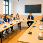 Ein moderner Sitzungsraum, mehrere Menschen sitzen um einen U-förmigen Tisch herum.