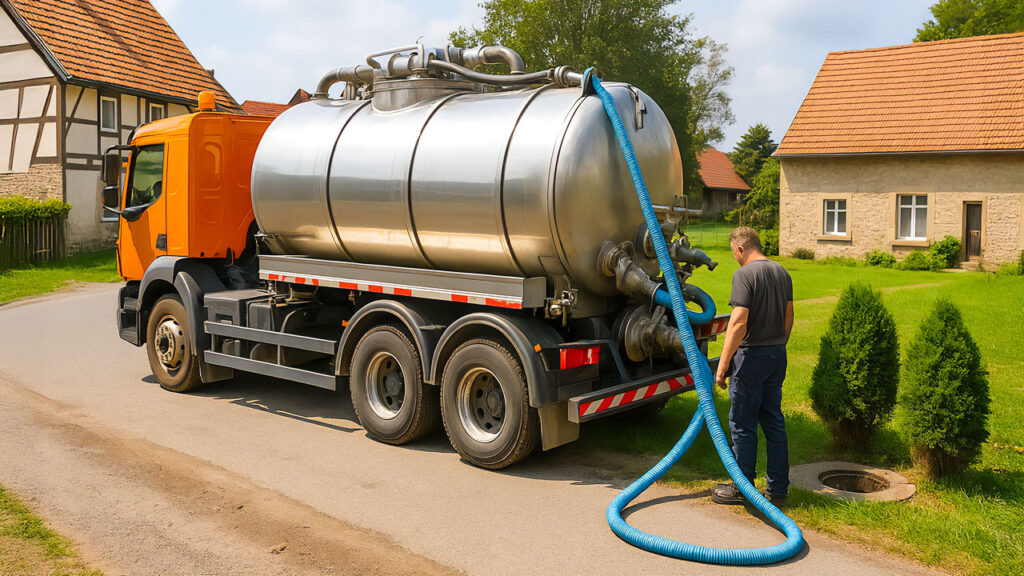 Fäkalienabfuhr in einem Dorf: Ein silberner Saugwagen mit orangefarbenem Fahrerhaus steht auf einer Dorfstraße. Ein Arbeiter bedient einen angeschlossenen blauen Schlauch. Im Hintergrund sind gepflegte Gärten, Bäume und Wohnhäuser zu sehen.