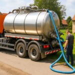 Fäkalienabfuhr in einem Dorf: Ein silberner Saugwagen mit orangefarbenem Fahrerhaus steht auf einer Dorfstraße. Ein Arbeiter bedient einen angeschlossenen blauen Schlauch. Im Hintergrund sind gepflegte Gärten, Bäume und Wohnhäuser zu sehen.