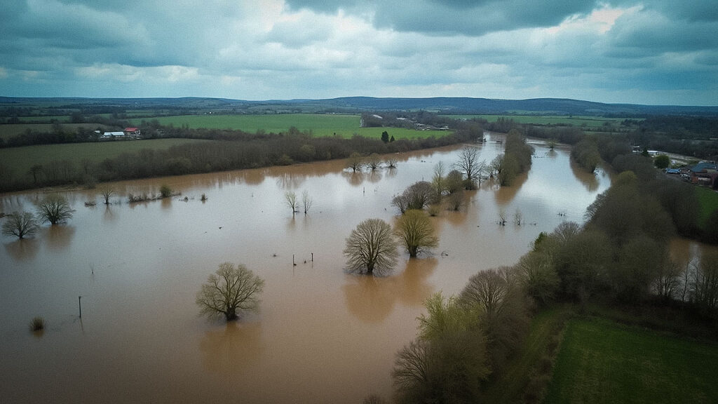 Das Bild zeigt eine Überschwemmung in einer ländlichen Gegend, wahrscheinlich aus der Vogelperspektive aufgenommen, möglicherweise mit einer Drohne. Ein Fluss oder ein Bach ist über seine Ufer getreten und hat weite Teile des umliegenden Ackerlandes überflutet. Das Wasser erscheint schlammig und braun, was auf eine beträchtliche Trübung hindeutet, möglicherweise durch den aufgewirbelten Boden. An einigen Stellen sind überflutete Bäume und Vegetation zu sehen.