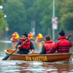 Das Bild zeigt drei Personen in einem Holzboot, die auf einer überfluteten Straße fahren. Sie tragen rote Rettungswesten und Mützen, was darauf hindeutet, dass sie Teil einer Wasserrettungs- oder Katastrophenhilfe-Einheit sind. Das Boot trägt die Aufschrift "FFW HARZTOR". Im Hintergrund sind weitere Boote mit weiteren Personen zu sehen, die ebenfalls im Einsatz sind. Die Szene spielt sich in einer städtischen Umgebung ab, erkennbar an Schildern wie dem Parkplatz-Symbol ("P") und anderen Verkehrsschildern. Der Hintergrund ist von Bäumen und Grünflächen umgeben, was auf eine Überschwemmung durch Starkregen oder Hochwasser hinweist.