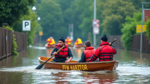Das Bild zeigt drei Personen in einem Holzboot, die auf einer überfluteten Straße fahren. Sie tragen rote Rettungswesten und Mützen, was darauf hindeutet, dass sie Teil einer Wasserrettungs- oder Katastrophenhilfe-Einheit sind. Das Boot trägt die Aufschrift "FFW HARZTOR". Im Hintergrund sind weitere Boote mit weiteren Personen zu sehen, die ebenfalls im Einsatz sind. Die Szene spielt sich in einer städtischen Umgebung ab, erkennbar an Schildern wie dem Parkplatz-Symbol ("P") und anderen Verkehrsschildern. Der Hintergrund ist von Bäumen und Grünflächen umgeben, was auf eine Überschwemmung durch Starkregen oder Hochwasser hinweist.
