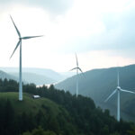 KI-Symbolbild, drei Windräder stehen im Wald, im Hintergrund ist eine Talsperre zu sehen.