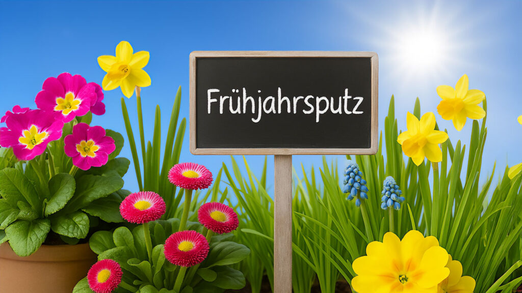 Ein stilisiertes Schild mit der Aufschrift "Frühjahrsputz" und ein paar Blumen drumherum. KI.