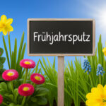 Ein stilisiertes Schild mit der Aufschrift "Frühjahrsputz" und ein paar Blumen drumherum. KI.