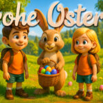 Fynn und Lara, die Harztor Wanderkinder, stehen mit einem fröhlichen Osterhasen auf einer blühenden Frühlingswiese. Der Osterhase hält einen Korb voller bunter Ostereier. Im Hintergrund sind Bäume, Wiese und verstreute Ostereier zu sehen. Über dem Motiv steht in großer Schrift: „Frohe Ostern!“