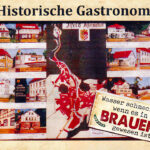 Collage mit historischen Aufnahmen ehemaliger Gaststätten und Hotels aus Ilfeld und Wiegersdorf. In der Mitte eine Karte der Region, darum gruppiert farbige Zeichnungen der Gebäude. Text: „Historische Gastronomie und Hotellerie in der Gemeinde Ilfeld-Wiegersdorf. Eine Hommage an unsere ehemaligen Kneipen und Wirtshäuser der Ortsteile Ilfeld und Wiegersdorf.“ Auf einem Blechschild unten rechts steht: „Wasser schmeckt erst, wenn es in der BRAUEREI gewesen ist."