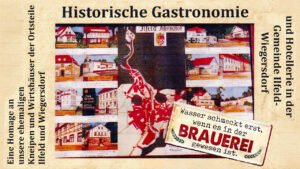 Collage mit historischen Aufnahmen ehemaliger Gaststätten und Hotels aus Ilfeld und Wiegersdorf. In der Mitte eine Karte der Region, darum gruppiert farbige Zeichnungen der Gebäude. Text: „Historische Gastronomie und Hotellerie in der Gemeinde Ilfeld-Wiegersdorf. Eine Hommage an unsere ehemaligen Kneipen und Wirtshäuser der Ortsteile Ilfeld und Wiegersdorf.“ Auf einem Blechschild unten rechts steht: „Wasser schmeckt erst, wenn es in der BRAUEREI gewesen ist."