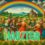 Renaissance-inspiriertes Gemälde mit tanzenden Dorfbewohnern in bunter Tracht unter einem leuchtenden Regenbogen. Im Hintergrund: grüne Hügel, Bäume und zwei Burgen. Format: 16:9.