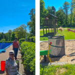 Zwei Frauen arbeiten bei sonnigem Wetter an den Beeten rund um ein leeres Freibadbecken, im Hintergrund ist viel Grün zu sehen. Ein Mädchen reinigt einen Sandkasten auf einem Spielplatz, im Hintergrund steht ein Holzspielhaus, daneben eine grüne Schubkarre.