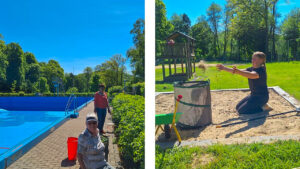 Zwei Frauen arbeiten bei sonnigem Wetter an den Beeten rund um ein leeres Freibadbecken, im Hintergrund ist viel Grün zu sehen. Ein Mädchen reinigt einen Sandkasten auf einem Spielplatz, im Hintergrund steht ein Holzspielhaus, daneben eine grüne Schubkarre.