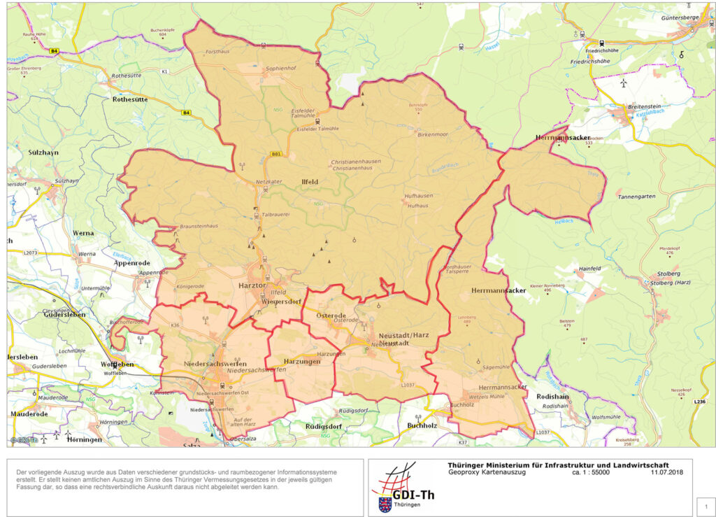 Übersichtskarte der Gemeinde Harztor (rot umrandet und orange hervorgehoben) im Landkreis Nordhausen, erstellt vom Thüringer Ministerium für Infrastruktur und Landwirtschaft. Die Karte zeigt Ortsteile wie Niedersachswerfen, Ilfeld, Osterode, Neustadt/Harz, sowie angrenzende Orte und Städte wie Nordhausen, Stolberg, Güntersberge und Werna. Eingetragen sind Straßen, Höhenzüge, Wälder und Gewässer. Maßstab 1:55000, Stand 11.07.2018.