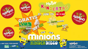 Plakat für den "Happy Kindertag" am 1. Juni 2025 ab 14 Uhr im Happylino Familien-Erlebnis-Center Nordhausen. Angeboten werden u.a. gratis Softeis, Stoppersocken (LVM Versicherung), XXL-Seifenblasen, Basteln und eine Minions-Kinderdisco. Buntes, kinderfreundliches Design mit Minions-Figuren.