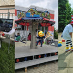 Collage, drei Bilder. Kind radelt am Simulator, Kinderkarussell fährt, Clown begleitet Balancier-Parcours.