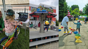 Collage, drei Bilder. Kind radelt am Simulator, Kinderkarussell fährt, Clown begleitet Balancier-Parcours.