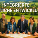 Sechs Personen – Männer und Frauen unterschiedlichen Alters – stehen an einem Holztisch auf einem Feld und betrachten gemeinsam eine große Landkarte. Im Hintergrund ist ein malerisches Dorf mit roten Dächern und Kirchturm zu sehen, eingebettet in eine grüne Hügellandschaft unter blauem Himmel. Groß im Bild steht der Schriftzug: „INTEGRIERTE LÄNDLICHE ENTWICKLUNG“. KI