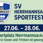 Plakat zum Sportfest des SV Herrmannsacker am 27. und 28. Juni auf dem Sportplatz Herrmannsacker – mit Vereinslogo und dem Hinweis „Für Essen und Trinken ist gesorgt!“