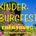 Plakat für das Kinder-Burgfest: Vor tiefblauem Himmel ragt die überwachsene, runde Turmruine der Ebersburg empor; im Vordergrund blühen leuchtend pinke Rosensträucher. Gelbe Hand­schrift-Schriftzüge darüber: „KINDER-BURGFEST – EBERSBURG bei Hermannssacker“.