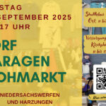 Werbeflyer für den Dorfgaragenflohmarkt in Niedersachswerfen und Harzungen am Samstag, 6. September 2025 von 10 bis 17 Uhr. Hinweise: Shuttlebus im Ort von 11 bis 15 Uhr, Versorgung auf dem Kirchplatz von 11 bis 15 Uhr. Im Hintergrund Kleidungsstücke und Flohmarktartikel, rechts ein QR-Code mit dem Hinweis „Hier wird getrödelt“.