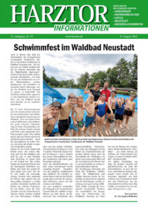 Titelseite der Harztor Informationen Ausgabe 3 / 2025 mit einem Artikel mit Bild zum Schwimmfest im Waldbad Neustadt