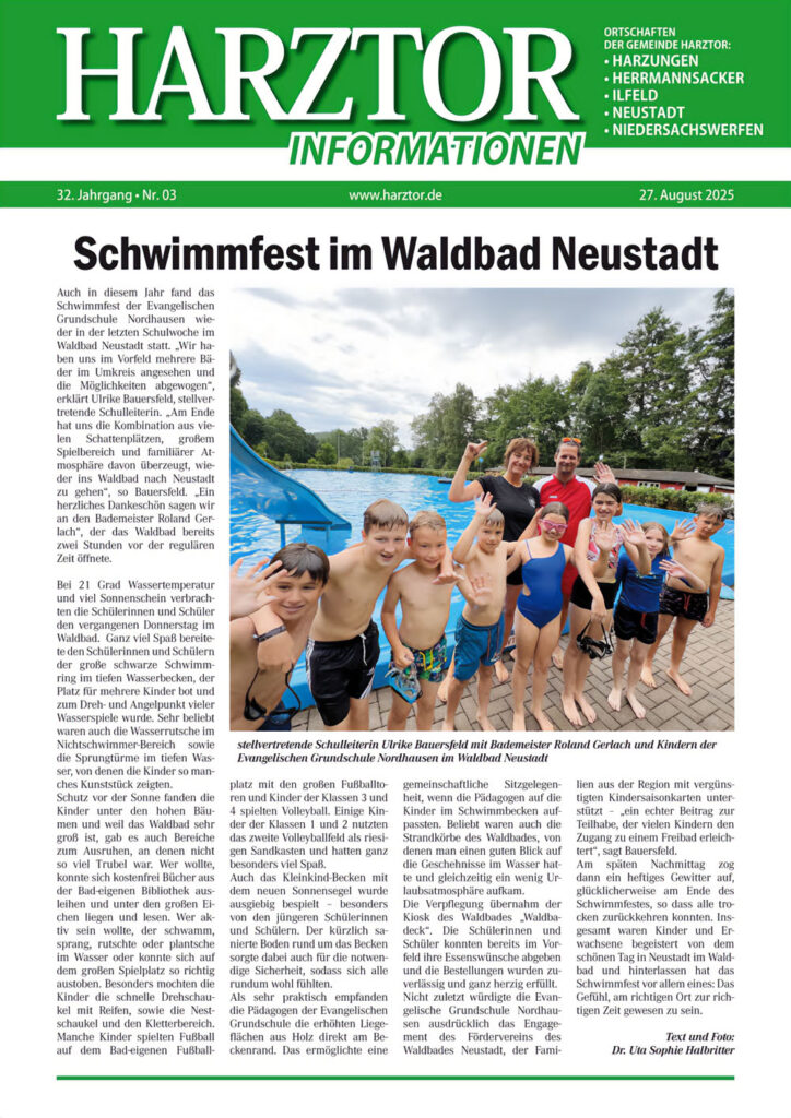 Titelseite der Harztor Informationen Ausgabe 3 / 2025 mit einem Artikel mit Bild zum Schwimmfest im Waldbad Neustadt