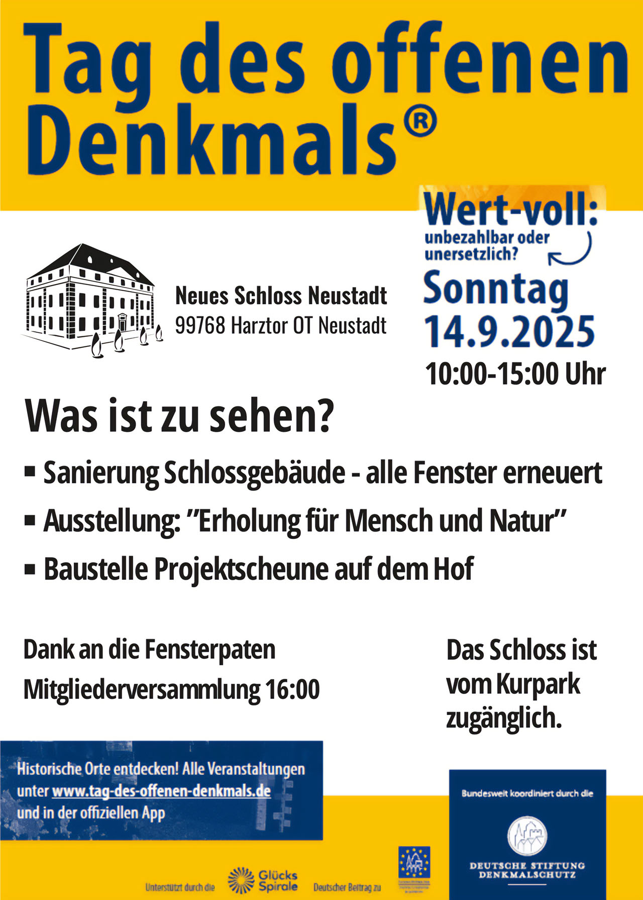 Plakat: Tag des offenen Denkmals im Neuen Schloss Neustadt am Sonntag, 14.09.2025, 10–15 Uhr – Sanierung aller Fenster, Ausstellung ‚Erholung für Mensch und Natur‘, Baustelle Projektscheune; Zugang über Kurpark, Dank an Fensterpaten, Mitgliederversammlung 16:00