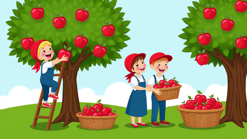 Drei fröhliche Kinder bei der Apfelernte auf einer Wiese: Ein Mädchen steht auf einer Leiter und pflückt rote Äpfel vom Baum, während ein Junge und ein weiteres Mädchen lachend einen großen Korb voller Äpfel halten. Neben ihnen stehen mehrere Körbe mit geernteten Äpfeln. KI