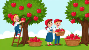 Drei fröhliche Kinder bei der Apfelernte auf einer Wiese: Ein Mädchen steht auf einer Leiter und pflückt rote Äpfel vom Baum, während ein Junge und ein weiteres Mädchen lachend einen großen Korb voller Äpfel halten. Neben ihnen stehen mehrere Körbe mit geernteten Äpfeln. KI