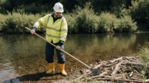 Arbeiter in Sicherheitskleidung und Schutzhelm entfernt mit einem Rechen Treibholz und Äste aus einem Flussufer, um die Gewässerunterhaltung sicherzustellen. KI