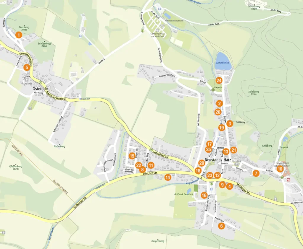 Übersichtskarte von Neustadt/Harz und Osterode mit 26 orange nummerierten Markierungen der Flohmarkt-Standorte.