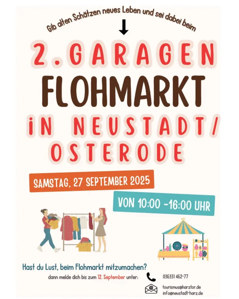 Flyer: 2. Garagenflohmarkt in Neustadt/Osterode am Samstag, 27.09.2025, von 10:00–16:00 Uhr; Illustrationen von Ständen; Kontakt Tourismus-Info.
