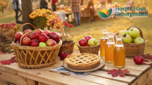 Herbstlich gedeckter Holztisch im Freien mit Körben voller roter und grüner Äpfel, Glasflaschen mit frischem Apfelsaft und einem gedeckten Apfelkuchen. Im Hintergrund Menschen an Tischen, dazu bunte Herbstblumen. Rechts oben das Logo „Hospiz Haus Geborgenheit“.