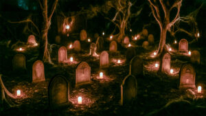 Stimmungsvoll beleuchteter Friedhof bei Nacht: Zwischen alten Grabsteinen und knorrigen Bäumen flackern zahlreiche Kerzen, deren warmes Licht den Boden und die neblige Umgebung in ein geheimnisvolles, leicht unheimliches Glühen taucht.