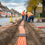 Bauarbeiten in einer Dorfstraße in Herrmannsacker: orangefarbene Glasfaserkabel liegen in einem offenen Graben, Absperrbaken sichern die Baustelle. Die Szene zeigt den Breitbandausbau der Deutschen Telekom und symbolisiert den Fortschritt der digitalen Infrastruktur in Harztor. KI