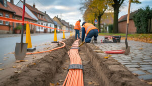 Bauarbeiten in einer Dorfstraße in Herrmannsacker: orangefarbene Glasfaserkabel liegen in einem offenen Graben, Absperrbaken sichern die Baustelle. Die Szene zeigt den Breitbandausbau der Deutschen Telekom und symbolisiert den Fortschritt der digitalen Infrastruktur in Harztor. KI