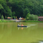 Blick über den Gondelteich in Harztor auf den Uferbereich mit Kiosk, Bootssteg und Ruderbooten, umgeben von Wald, Spielplatz und Spazierwegen an einem sonnigen Tag.