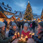 Stimmungsvolle Szene eines kleinen Weihnachtsmarkts auf dem Dorfplatz in Harzungen: geschmückte Holzhütten, Lichterketten, ein leuchtender Weihnachtsbaum und Besucher mit Glühwein in winterlicher Atmosphäre. Das Bild vermittelt Adventsstimmung und Vorfreude auf Weihnachten. KI