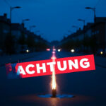 Realistisches Foto einer dämmerigen, nebligen Straße mit Häusern im Hintergrund und einem leicht qualmenden Gullydeckel oder Wasserrohr im Vordergrund, symbolisierend eine Störung der Wasserversorgung. Im unteren Bereich des Bildes ist eine rote Bauchbinde mit dem weißen Schriftzug "ACHTUNG" zu sehen. KI