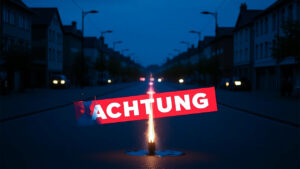 Realistisches Foto einer dämmerigen, nebligen Straße mit Häusern im Hintergrund und einem leicht qualmenden Gullydeckel oder Wasserrohr im Vordergrund, symbolisierend eine Störung der Wasserversorgung. Im unteren Bereich des Bildes ist eine rote Bauchbinde mit dem weißen Schriftzug "ACHTUNG" zu sehen. KI