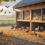 In einem herbstlichen Bauernhof im Landkreis Nordhausen sind Hühner, Enten und Gänse in einem geschlossenen Stall untergebracht. Die Fenster sind mit engmaschigem Netz gesichert, das Dach schützt vor Wildvögeln. Über den nebligen Feldern im Hintergrund ziehen Kraniche vorbei – Sinnbild für die Gefahr der Geflügelpest und den Grund für die angeordnete Aufstallpflicht. KI