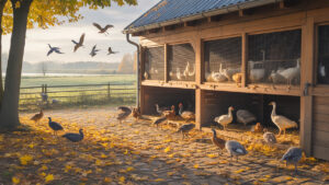 In einem herbstlichen Bauernhof im Landkreis Nordhausen sind Hühner, Enten und Gänse in einem geschlossenen Stall untergebracht. Die Fenster sind mit engmaschigem Netz gesichert, das Dach schützt vor Wildvögeln. Über den nebligen Feldern im Hintergrund ziehen Kraniche vorbei – Sinnbild für die Gefahr der Geflügelpest und den Grund für die angeordnete Aufstallpflicht. KI