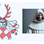 Grafikcollage: Links das historische Wappen der Grafen von Hohnstein (rot-silbern geschachtelt mit Helm und rotem Hirschgeweih als Zier), rechts daneben die künstlerische Darstellung eines Mönchs in weißer Kutte (Prämonstratenser) mit Kapuze, der den Blick gesenkt hält.